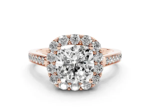 Cushion Cut Diamond Floral Halo Ring with Pavé Band and Prong Setting Rose gold