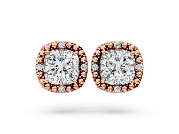 Cushion Diamond Beaded Halo Stud Earrings Rose gold