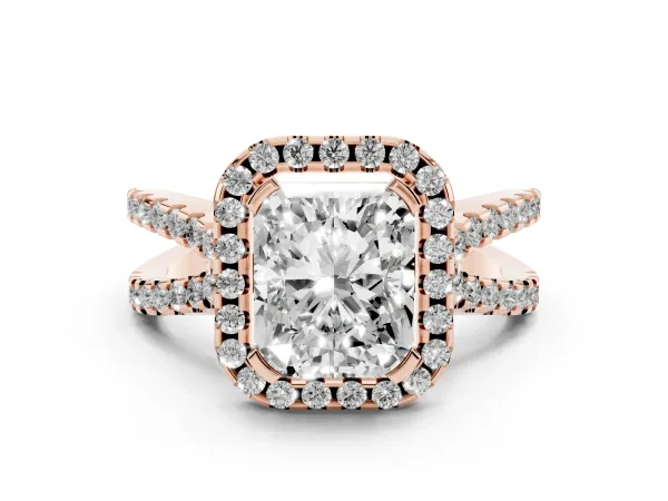 Radiant Cut Diamond Halo Ring with Split Shank Pavé Band and Prong Setting Rose gold