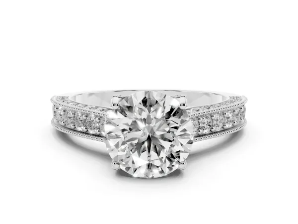 Round Cut Cut Diamond Solitaire Ring with Milgrain Pave Band and Four Prong Setting Platinum