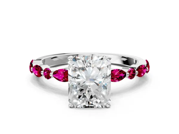 Radiant Cut Diamond Ring with Marquise and Round Garnet Side Stones and Four-Prong Setting Platinum