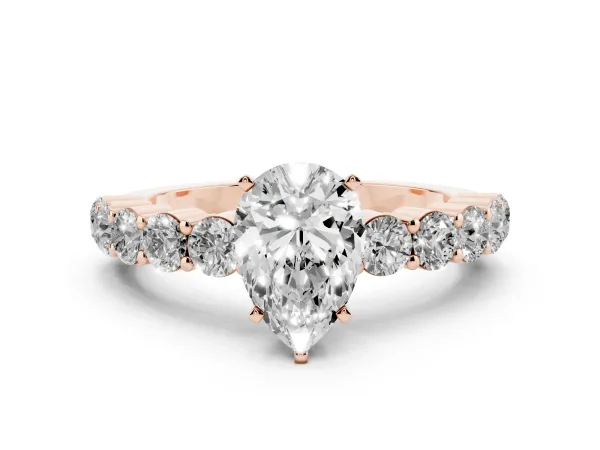 Pear Cut Diamond Solitaire Ring with Shared Prong Round Side Stones Rose gold