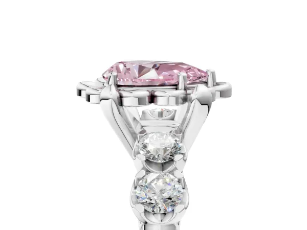 Fancy Pink Pear Cut Cut Diamond Floral Halo Engagement Ring with Shared Prong Setting Platinum