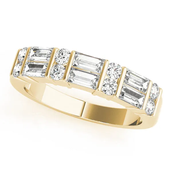 Channel Set Baguette and Round Diamond Band with Bar Prongs Yellow gold
