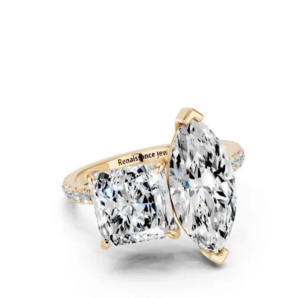 Marquise and Princess Toi Moi Ring with Prong Setting and Pave Band Yellow gold
