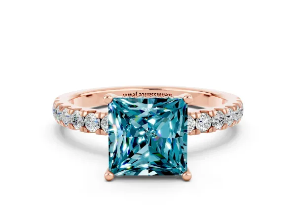 Princess Cut Blue Topaz Pave Band Solitaire Ring with Round and Prong Setting Rose gold