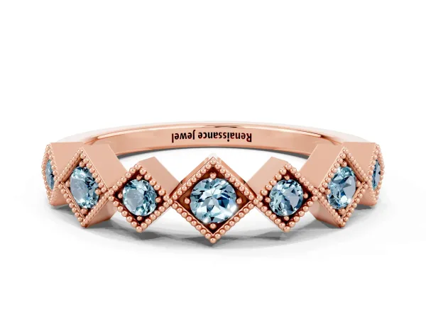 Milgrain Square Bezel Round Aquamarine Chevron Band Rose gold