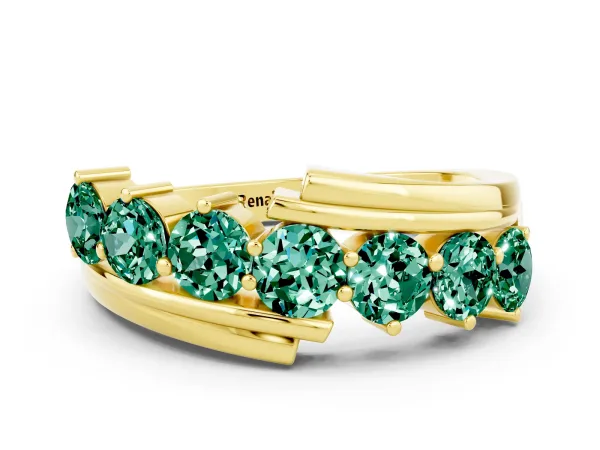 Round Green Sapphire Wave Band with Channel and Shared Prong Setting Yellow gold