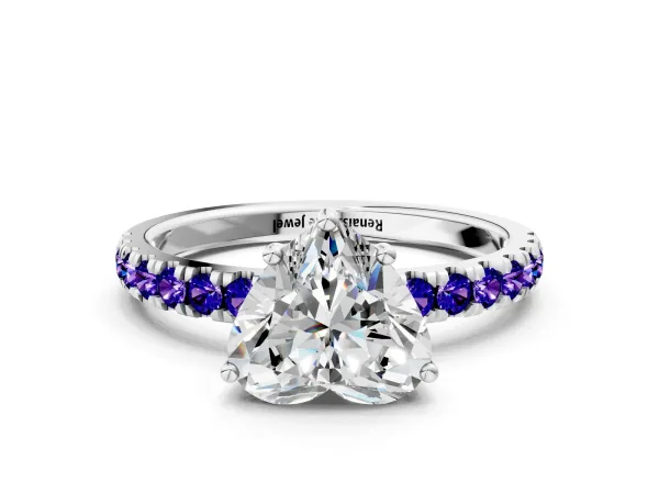 Heart Cut Diamond Pave Band Solitaire Ring with Round Tanzanite and Prong Setting Platinum