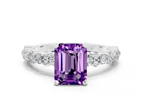 Emerald Cut Amethyst Side Stone Solitaire Ring with Round and Four-Prong Setting White gold