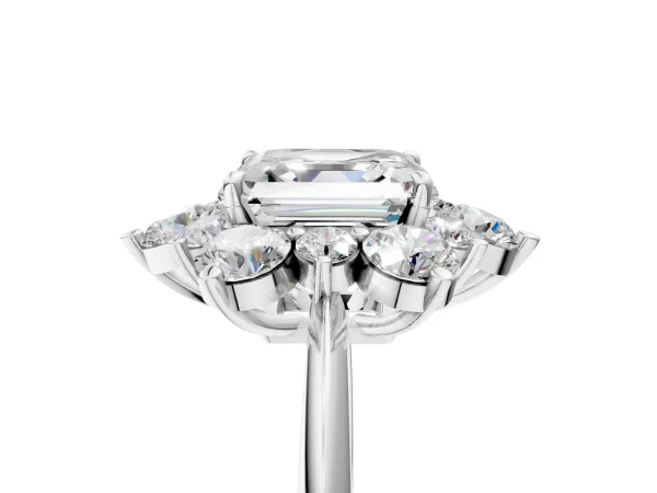 Asscher Cut Diamond Cluster Halo Ring with Solitaire Band and Four-Prong Setting Platinum