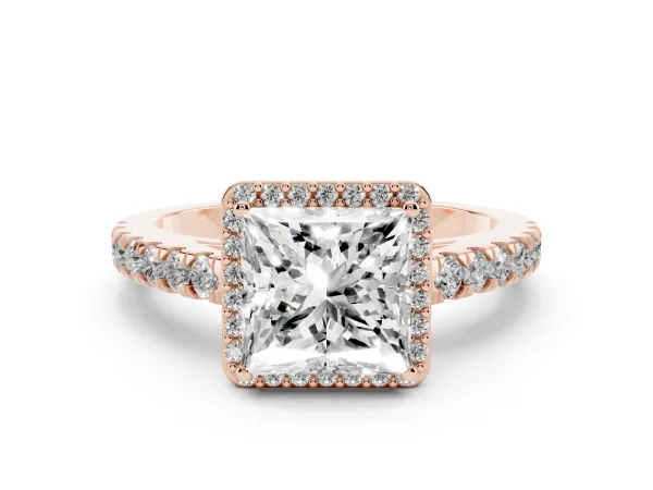 Princess Cut Cut Halo Diamond Engagement Ring with Pave Band and Four-Prong Setting Rose gold
