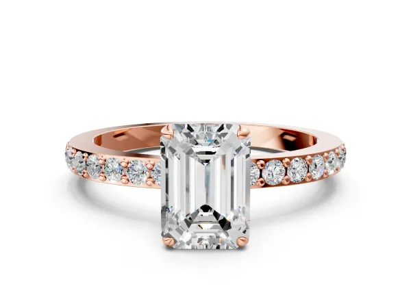 Emerald Cut Diamond Solitaire Engagement Ring with Pavé Band and Four-Prong Setting Rose gold
