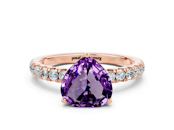 Heart Cut Amethyst Pave Band Solitaire Ring with Round and Prong Setting Rose gold