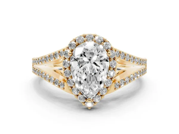 Pear Cut Halo Split Shank Pave Diamond Ring with Four-Prong Setting Yellow gold