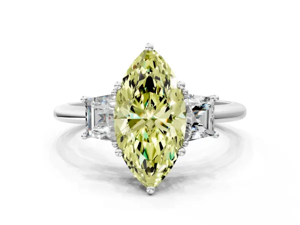 Fancy Yellow Marquise Cut Diamond Three-Stone Ring with Trapezoid Side Stones and Prong Setting Platinum