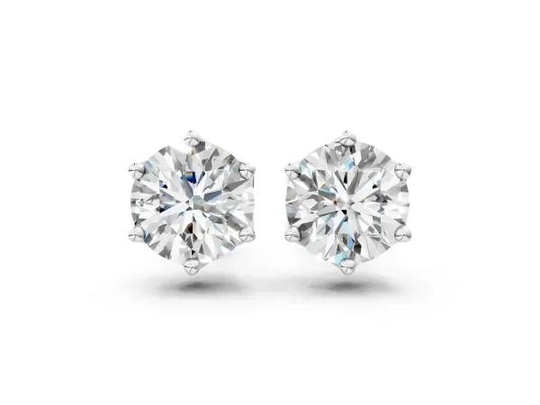 Round Diamond Six Prong Flower Petal Solitaire Stud Earrings Platinum