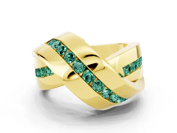 Pavé Round Green Sapphire Crossover Band with Channel Setting Yellow gold