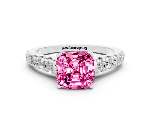 Cushion Cut Pink Sapphire Cathedral Solitaire Ring with Round Pavé Band Platinum