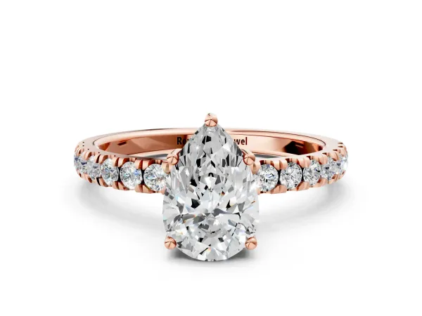 Pear Cut Diamond Pave Band Solitaire Ring with Round and Prong Setting Rose gold