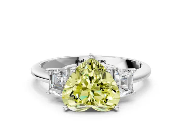 Fancy Yellow Heart Cut Diamond Three-Stone Ring with Trapezoid Side Stones and Prong Setting Platinum