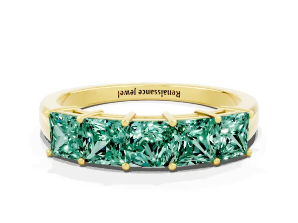 Princess Cut Five-Stone Green Sapphire Band with Prong Setting Yellow gold
