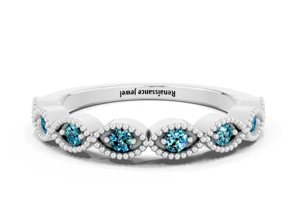 Milgrain Marquise Blue Topaz Half Eternity Band with Bezel Setting Platinum
