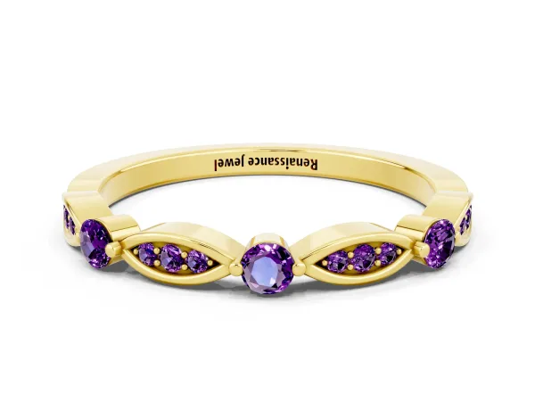 Marquise and Round Amethyst Milgrain Band with Bezel Setting Yellow gold