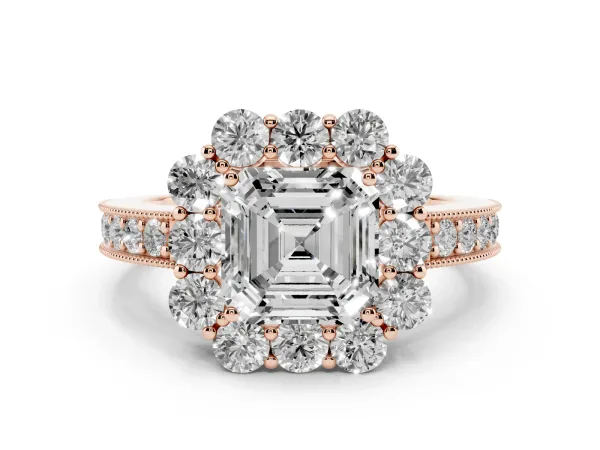 Asscher Cut Cut Halo Diamond Pavé Engagement Ring with Milgrain Detailing Rose gold