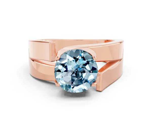 Modern Tension Set Round Cut Aquamarine Solitaire Wide Band Ring Rose gold