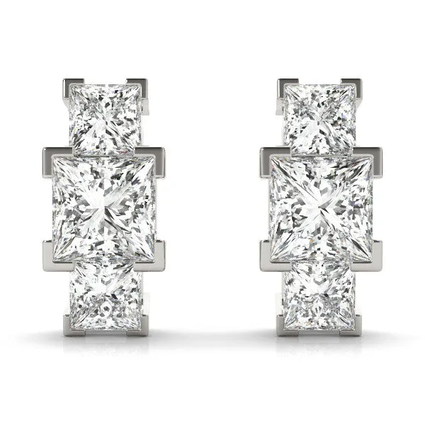 Three-Stone Princess Cut Channel Set Earrings with Bar Prong Setting White gold