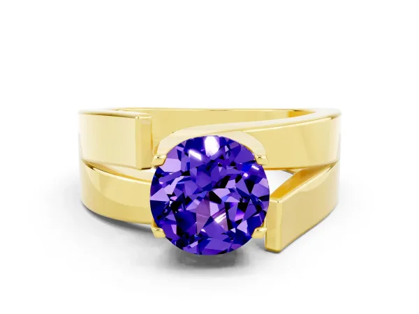 Modern Tension Set Round Cut Tanzanite Solitaire Wide Band Ring Yellow gold