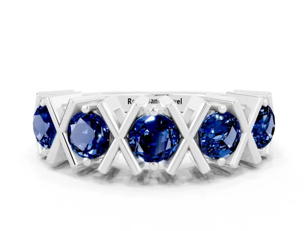 Round Blue Sapphire Channel Set Band with X-Prong Detail Platinum