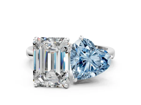 Fancy Blue Heart Cut and Emerald Cut Toi Moi Ring with Prong Setting White gold
