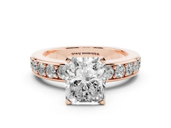 Radiant Cut Diamond Engagement Ring with Channel Set Round Band and Prong Setting Rose gold