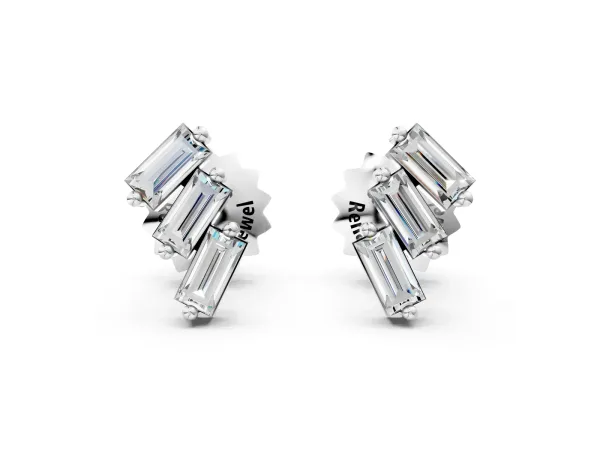 Baguette Diamond Three-Stone Stud Earrings Silver