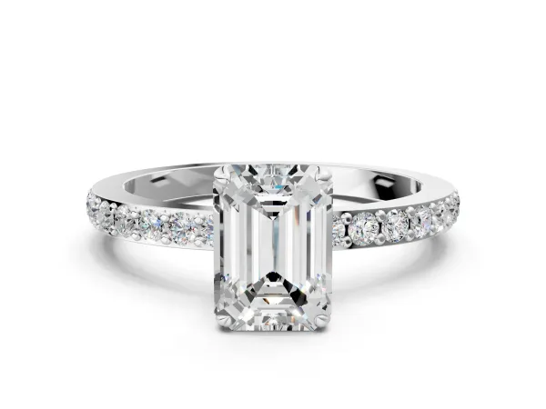 Emerald Cut Diamond Solitaire Engagement Ring with Pavé Band and Four-Prong Setting Platinum