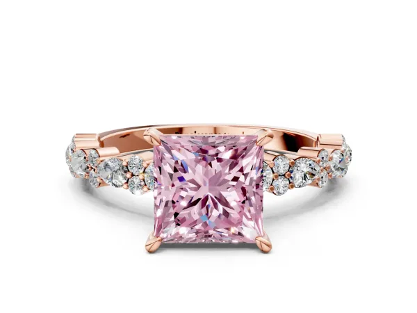 Fancy Pink Princess Cut Diamond Side Stone Solitaire Ring with Round and Four-Prong Setting Rose gold