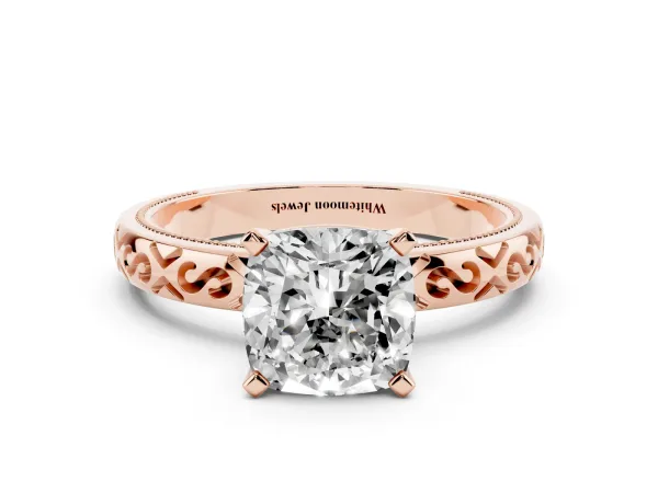 Cushion Cut Solitaire Engagement Ring with Scrollwork Band and Four-Prong Setting Rose gold