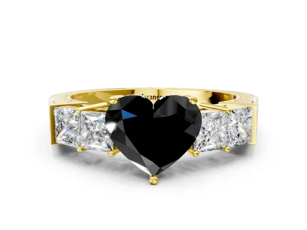 Fancy Black Heart Cut Solitaire Princess Side Stone Engraved Band Prong Setting Ring Yellow gold