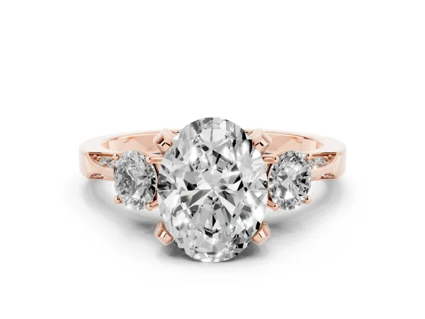 Oval Cut Brilliant Three-Stone Diamond Ring with Pavé Band and Four-Prong Setting Rose gold