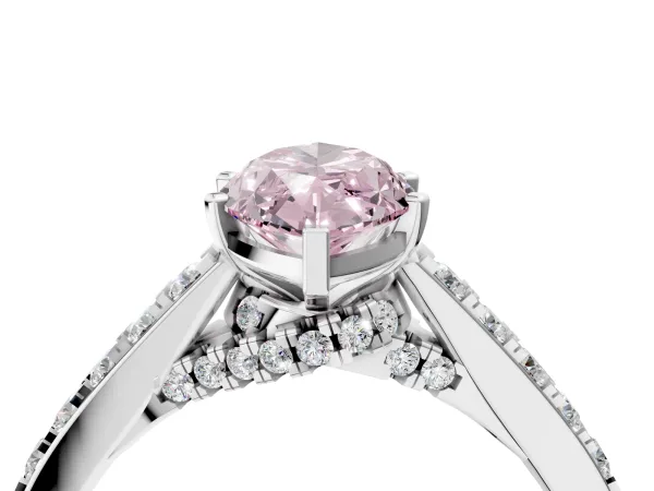 Fancy Pink Marquise Cut Diamond Solitaire Ring with Crossover Gallery and Round Pavé Band Silver