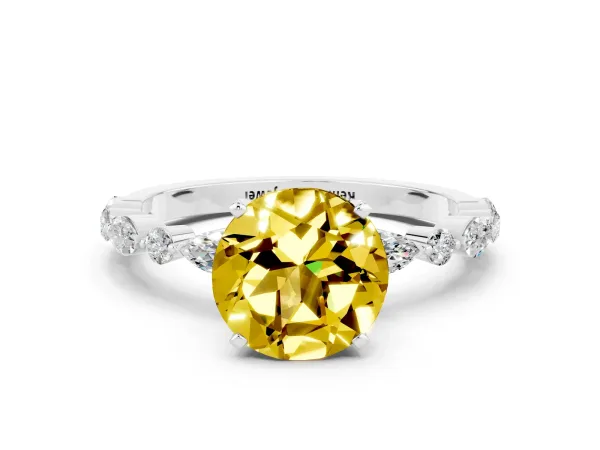 Round Cut Yellow Sapphire Ring with Marquise and Round Side Stones and Four-Prong Setting Silver