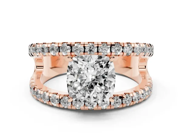 Cushion Cut Solitaire Split Shank Pave Diamond Ring Rose gold