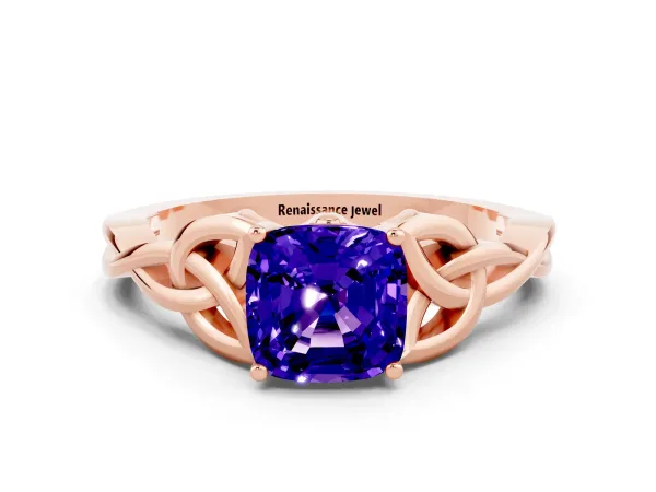 Cushion Cut Tanzanite Solitaire Celtic Knot Ring with Four-Prong Setting Rose gold