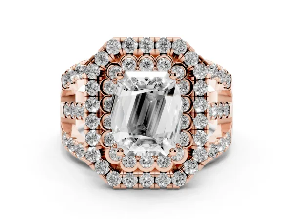 Emerald Cut Diamond Double Halo Ring with Round Pavé Split Shank and Prong Setting Rose gold