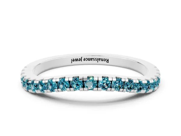 Round Blue Topaz Pavé Half Eternity Band with Shared Prong Setting Platinum