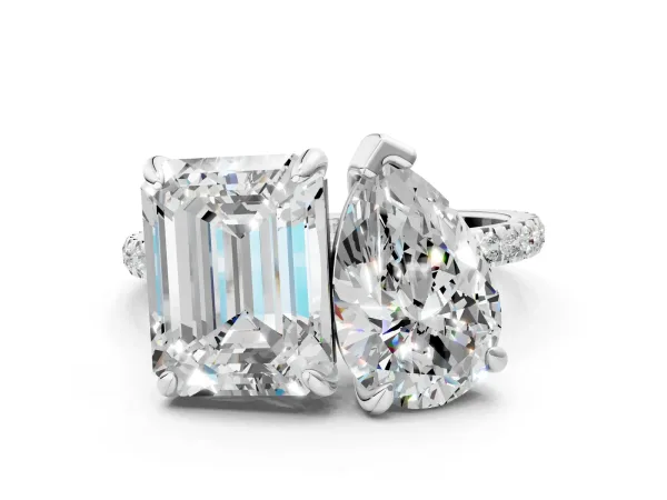 Pear and Emerald Toi Moi Ring with Prong Setting and Pave Band Platinum