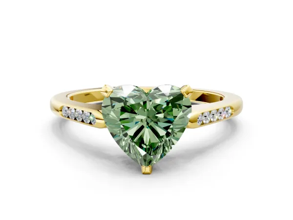 Fancy Green Heart Cut Diamond Solitaire Ring with Channel Set Round Band and Prong Setting Yellow gold