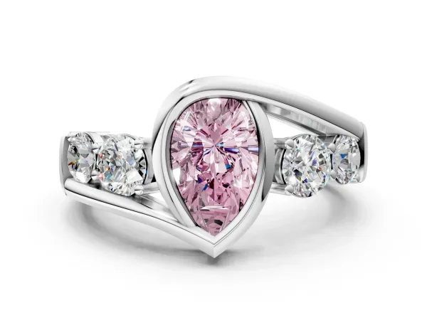 Fancy Pink Bezel Set Pear Cut Diamond Bypass Ring with Round Accents Platinum